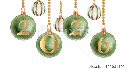 Christmas and New year green ad retro striped balls with 2026 year number decor watercolor banner template. Hand drawn winter festive clipart with Christmas tree decor for poster, card design 131081102