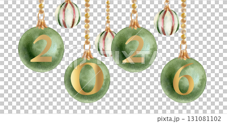 Christmas and New year green ad retro striped balls with 2026 year number decor watercolor banner template. Hand drawn winter festive clipart with Christmas tree decor for poster, card design 131081102
