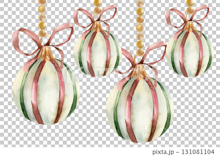 Retro Christmas decoration banner template with striped balls, red bows on golden hanging garland watercolor illustration. Hand drawn eve and New year clipart for poster, card, invitation design Retro Christmas decoration banner template with striped balls, red bows on golden hanging garland watercolor illustration. Hand drawn eve and New year clipart for poster, card, invitation design 131081104