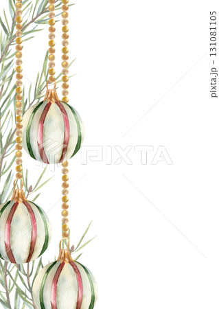 Christmas eve and New Year card template with retro striped balls hanging on golden garland watercolor illustration. Winter festive clipart. Invitation, greeting card design Christmas eve and New Year card template with retro striped balls hanging on golden garland watercolor illustration. Winter festive clipart. Invitation, greeting card design 131081105