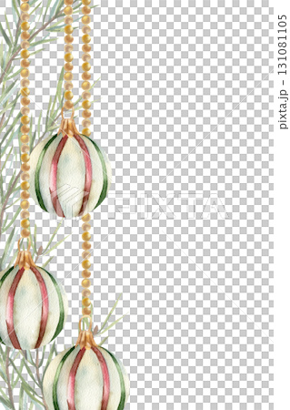 Christmas eve and New Year card template with retro striped balls hanging on golden garland watercolor illustration. Winter festive clipart. Invitation, greeting card design Christmas eve and New Year card template with retro striped balls hanging on golden garland watercolor illustration. Winter festive clipart. Invitation, greeting card design 131081105