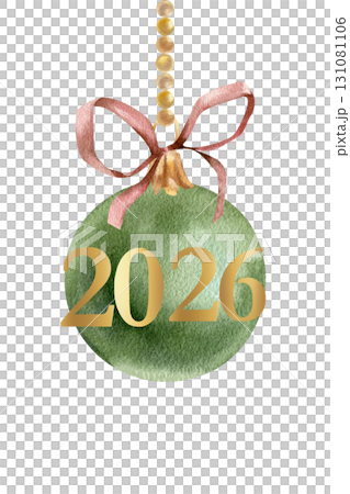Christmas green ball with red bow hanging on golden garland with New 2026 year design. Watercolor card template. Winter festive decor. Christmas tree decoration with golden numbers data 131081106
