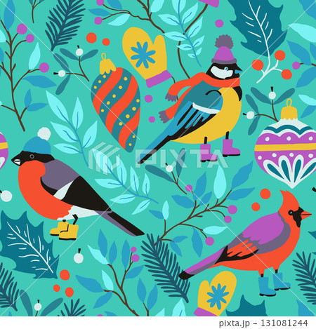 Christmas seamless pattern with cute design elements, Christmas tree toys, winter birds, fir tree and holly. Hand drawn  illustration for wrapping paper and greeting cards 131081244