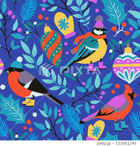 Christmas seamless pattern with cute design elements, Christmas tree toys, winter birds, fir tree and holly. Hand drawn illustration for wrapping paper and greeting cards Christmas seamless pattern with cute design elements, Christmas tree toys, winter birds, fir tree and holly. Hand drawn illustration for wrapping paper and greeting cards 131081245