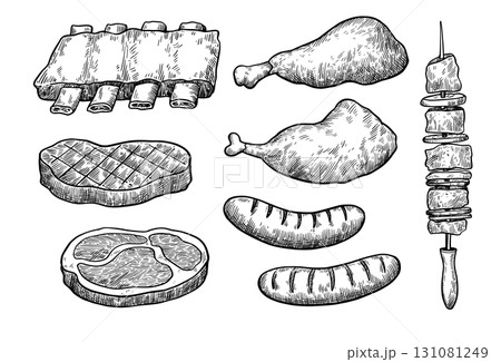 Barbecue set, monochrome llustration in sketch style. Grilled meat, chicken, ribs, steak and sausage Barbecue set, monochrome llustration in sketch style. Grilled meat, chicken, ribs, steak and sausage 131081249