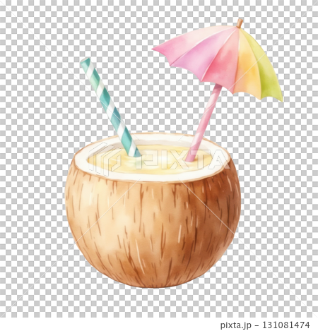 Refreshing Coconut Drink Illustration with Straws and Miniature Umbrella Detail 131081474