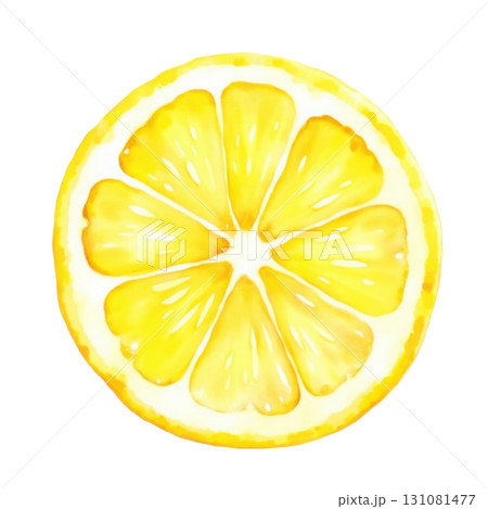 A slice of lemon watercolor illustration with vibrant yellow color 131081477