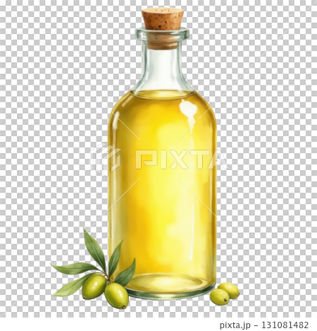 Bottle of olive oil with cork and green olive branch 131081482