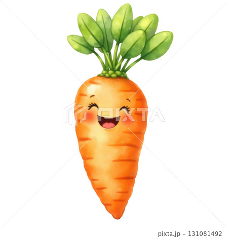 Cute smiling cartoon carrot character with rosy cheeks and green leaves 131081492