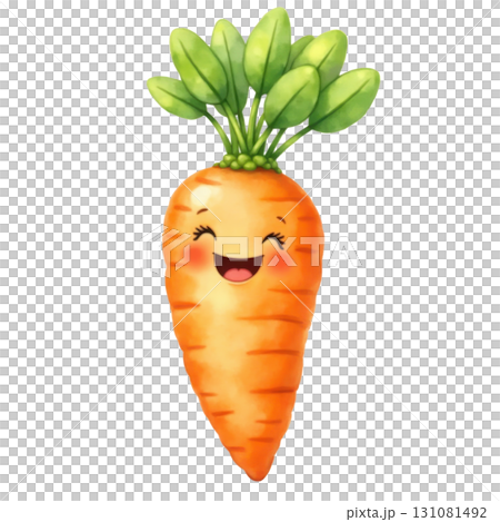 Cute smiling cartoon carrot character with rosy cheeks and green leaves 131081492