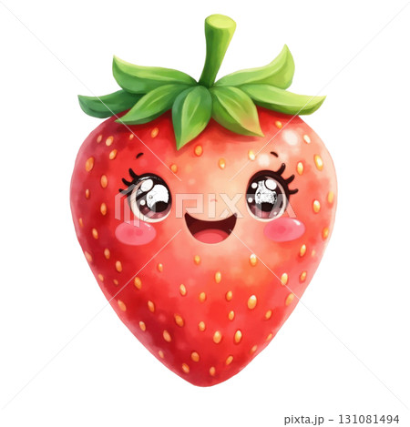 Cute Strawberry Cartoon Character with Big Eyes and Smiling Face 131081494