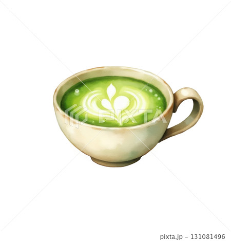 Delicious and vibrant matcha latte art in a ceramic cup illustration 131081496