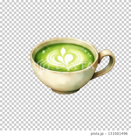 Delicious and vibrant matcha latte art in a ceramic cup illustration 131081496