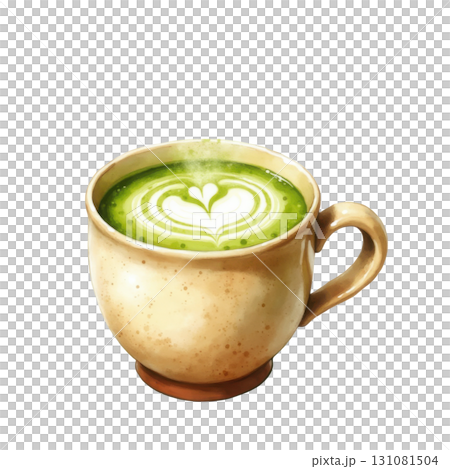 Delicious matcha latte with beautiful latte art in ceramic cup illustration 131081504