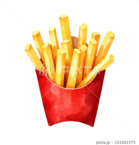 Watercolor style french fries in red cardboard container on black background 131081573