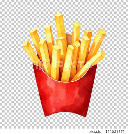 Watercolor style french fries in red cardboard container on black background 131081573