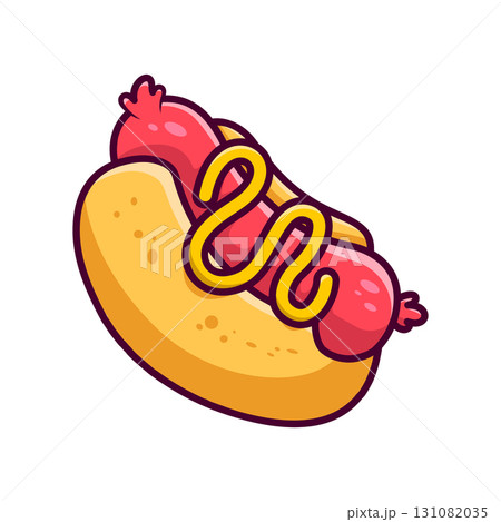 Illustration of hot dog in cartoon style. Design element for logo, label, badge, emblem. Vector illustration Illustration of hot dog in cartoon style. Design element for logo, label, badge, emblem. Vector illustration 131082035