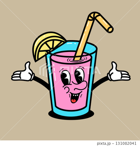 Cartoon character. Retro character of cocktail glass. Rubber hose cartoon mascot. Design element for emblem, sign, poster, menu, card. Vector illustration 131082041