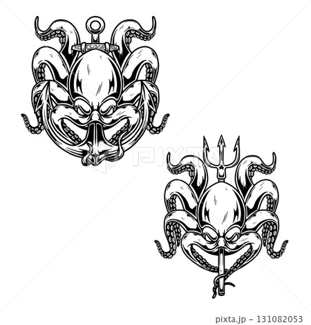 Illustration of octopus with trident and anchor. Design element for poster, card, banner, emblem, sign. Vector illustration Illustration of octopus with trident and anchor. Design element for poster, card, banner, emblem, sign. Vector illustration 131082053