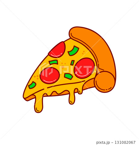 Pizza slice. Cartoon pizza illustration. Pizza with Melted cheese Cartoon Icon. Design element for emblem, poster, icon, menu. Vector illustration 131082067