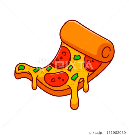Pizza slice. Cartoon pizza illustration. Pizza with Melted cheese Cartoon Icon. Design element for emblem, poster, icon, menu. Vector illustration 131082080