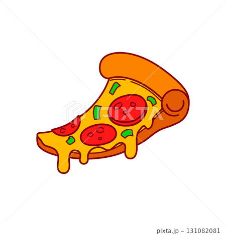 Pizza slice. Cartoon pizza illustration. Pizza with Melted cheese Cartoon Icon. Design element for emblem, poster, icon, menu. Vector illustration 131082081