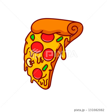 Pizza slice. Cartoon pizza illustration. Pizza with Melted cheese Cartoon Icon. Design element for emblem, poster, icon, menu. Vector illustration Pizza slice. Cartoon pizza illustration. Pizza with Melted cheese Cartoon Icon. Design element for emblem, poster, icon, menu. Vector illustration 131082082