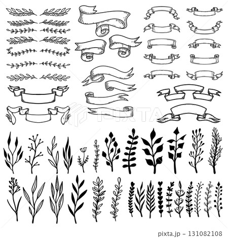 Set of hand drawn leaves, branches, flowers, flourishes. Design element for banner, sign, poster, decoration. Vector illustration 131082108