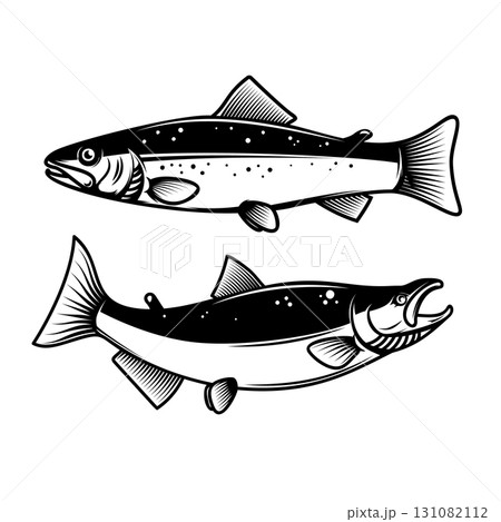 Set of salmon fish icons isolated on white background. Design element for poster, logo, label, emblem, sign, t shirt. Vector illustration 131082112