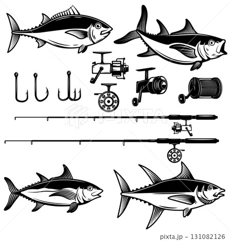 Set of Tuna fish illustration on white background. Design element for logo, label, emblem, sign, badge. Vector image 131082126