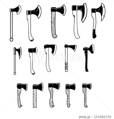 Set of illustrations of lumberjack axe in vintage monochrome style. Design element for logo, label, sign, emblem, poster. Vector illustration Set of illustrations of lumberjack axe in vintage monochrome style. Design element for logo, label, sign, emblem, poster. Vector illustration 131082170