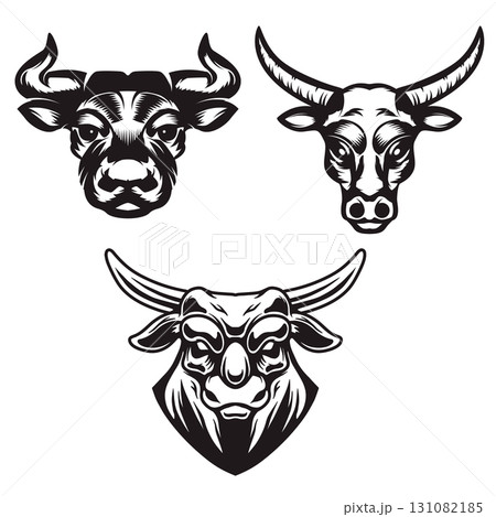 Set of hand drawn bull heads on white background. Design elements for emblem, sign, badge. Vector illustration Set of hand drawn bull heads on white background. Design elements for emblem, sign, badge. Vector illustration 131082185