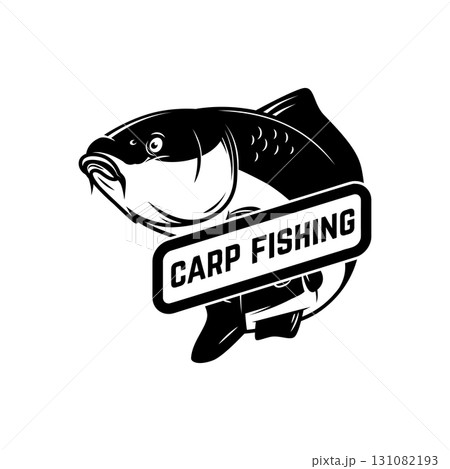 Carp fishing. Emblem template with carp fish. Design element for logo, label, sign, poster. Vector illustration 131082193