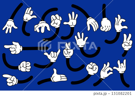 Set of cartoon hands in gloves. Retro style mascot hands. Rubber hose style hands. Vector illustration 131082201