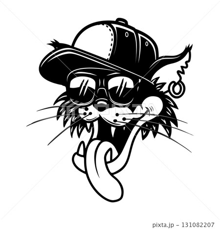 Illustration of a cat in baseball cap. Design element for poster, t shirt, emblem, sign. Vector illustration 131082207