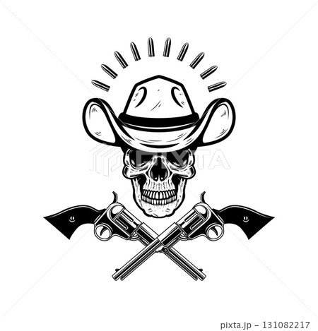 Cowboy skull with crossed revolvers. Design element for poster, t shirt, emblem. Vector illustration 131082217