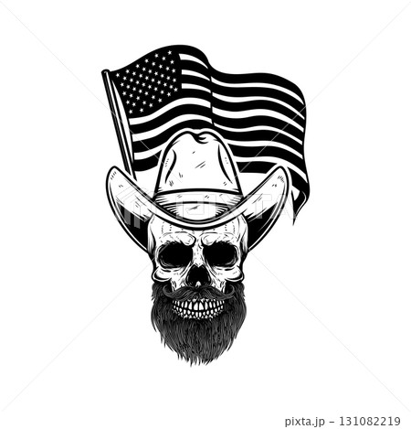 Cowboy skull with american flag. Design element for poster, t shirt, emblem. Vector illustration Cowboy skull with american flag. Design element for poster, t shirt, emblem. Vector illustration 131082219