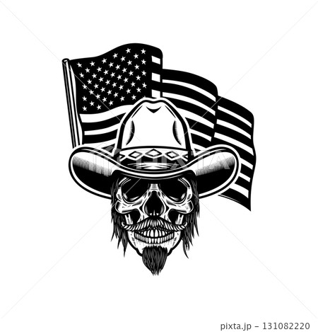 Cowboy skull with american flag. Design element for poster, t shirt, emblem. Vector illustration 131082220