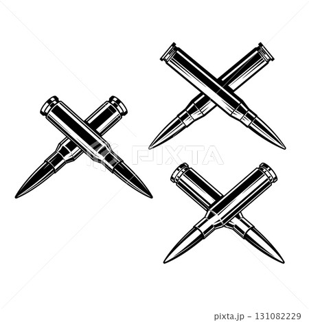 Crossed bullets cartridges from assault rifle. Design element for poster, card, banner, sign, logo, label, emblem. Vector illustration Crossed bullets cartridges from assault rifle. Design element for poster, card, banner, sign, logo, label, emblem. Vector illustration 131082229