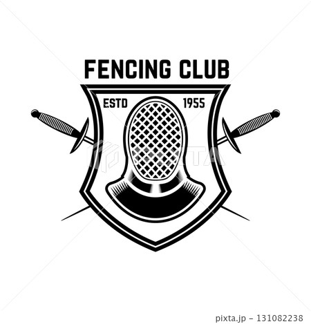 fencing sport emblem, badge and design element. Fencing swords, face guard. Vector illustration 131082238