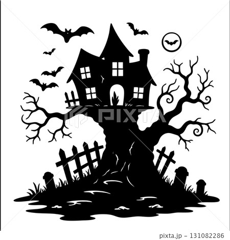 Halloween treehouse silhouette with bats and graveyard Keywords: halloween, treehouse 131082286