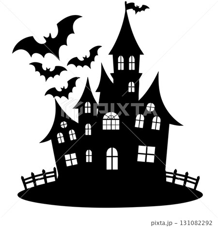 Haunted castle silhouette with bats and fence halloween 131082292