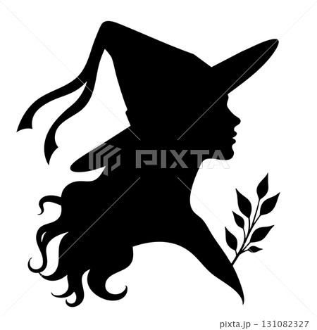 Silhouette profile of a witch with flowing hair and leaves 131082327
