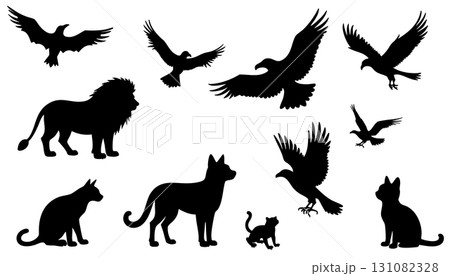 Silhouettes of birds of prey, cats, and a lion Keywords: animal, silhouette, eagle, hawk, falcon 131082328