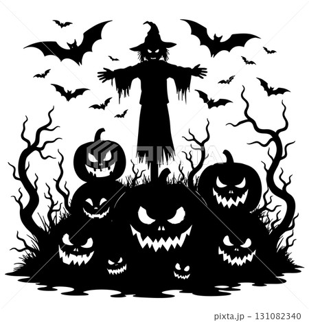 Spooky Halloween scene with scarecrow, bats, and grinning pumpkins 131082340