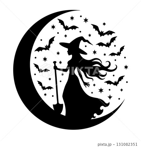 Witch silhouette on a crescent moon with bats and stars Witch silhouette on a crescent moon with bats and stars 131082351