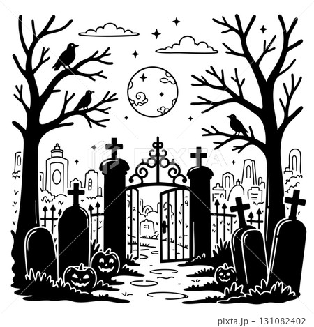 Halloween cemetery scene with gate, tombstones and pumpkins 131082402