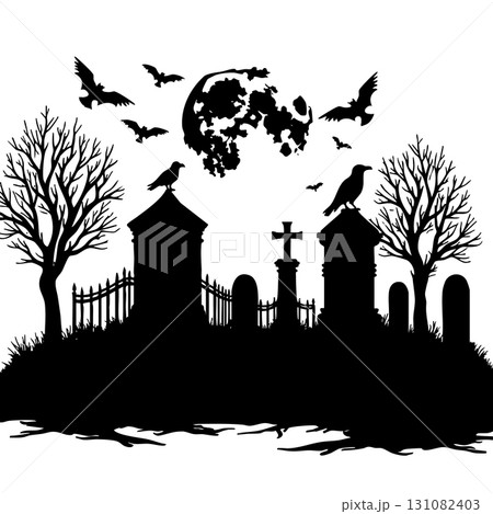 Halloween graveyard silhouette with bats and full moon Keywords: halloween, graveyard, cemetery 131082403