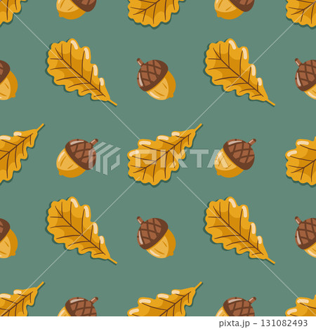 Acorns oak tree leaves seamless pattern. Autumn season. Oak tree fruit. Flat cartoon acorn turquoise background. Acorns oak tree leaves seamless pattern. Autumn season. Oak tree fruit. Flat cartoon acorn turquoise background. 131082493