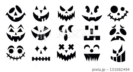Halloween pumpkin faces set with a variety of scary and happy expressions. Vector flat illustration with funny, and scary eyes and mouth. Halloween pumpkin faces set with a variety of scary and happy expressions. Vector flat illustration with funny, and scary eyes and mouth. 131082494